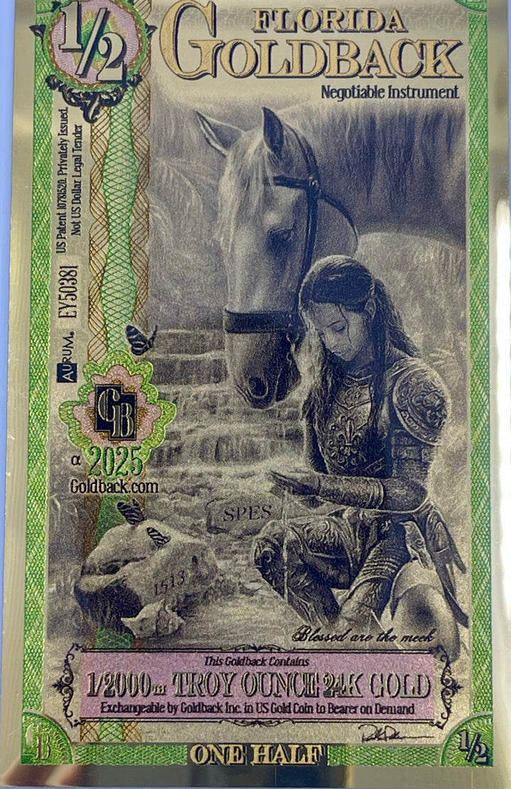 2025 1/2 Florida Goldback 24KT .999 Gold Foil Note 1/2000th oz UNC Banknote