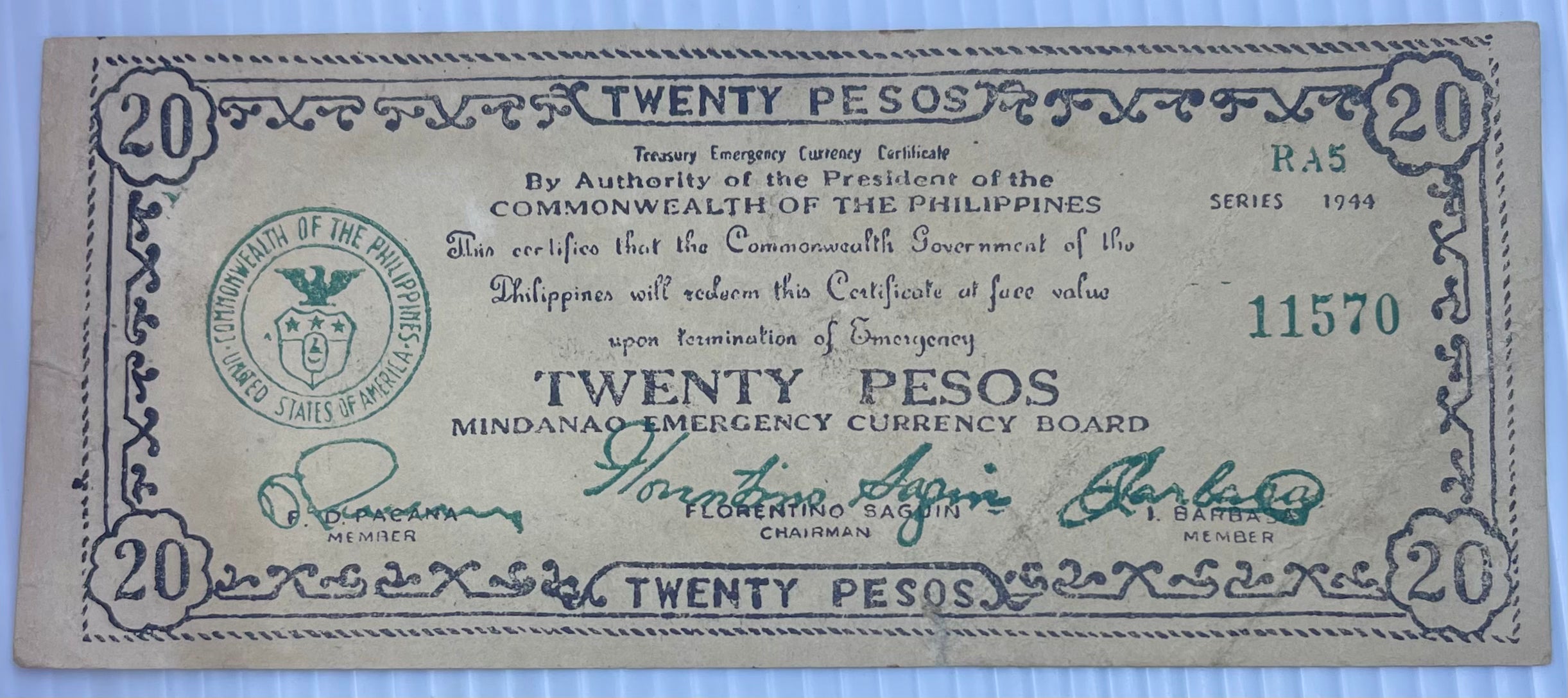 1944 Philippines 20 Pesos WWII Mindanao Guerrilla P-S528c R5 Used Banknote From Lot