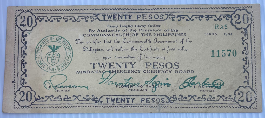 1944 Philippines 20 Pesos WWII Mindanao Guerrilla P-S528c R5 Used Banknote From Lot