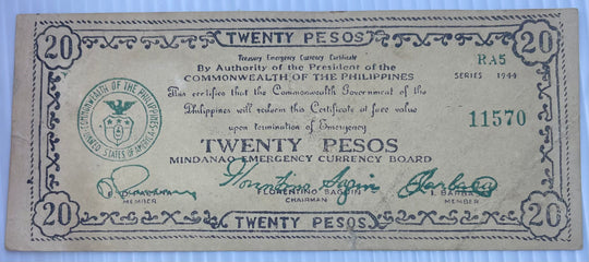 1944 Philippines 20 Pesos WWII Mindanao Guerrilla P-S528c R5 Circulated Banknote From Lot