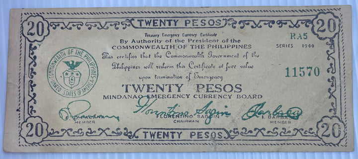 1944 Philippines 20 Pesos WWII Mindanao Guerrilla P-S528c R5 Used Banknote From Lot