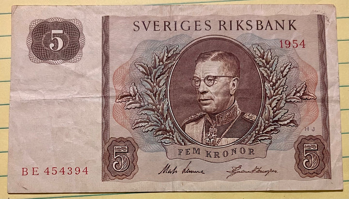 Sweden 1954 5 Kroner P-42 Used World Banknote