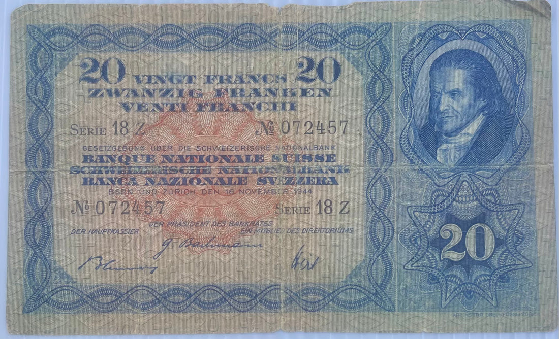 Switzerland 1944 20 Francs P-39 Used World Banknote