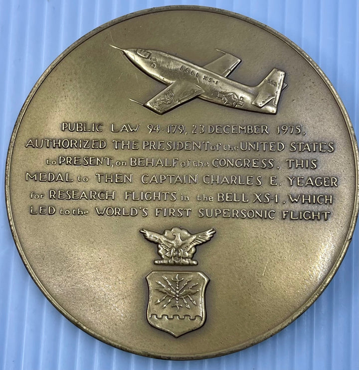 3" General Charles Yeager bronze medal commemorating first supersonic flight with F-86 Sabre and USAF seal
