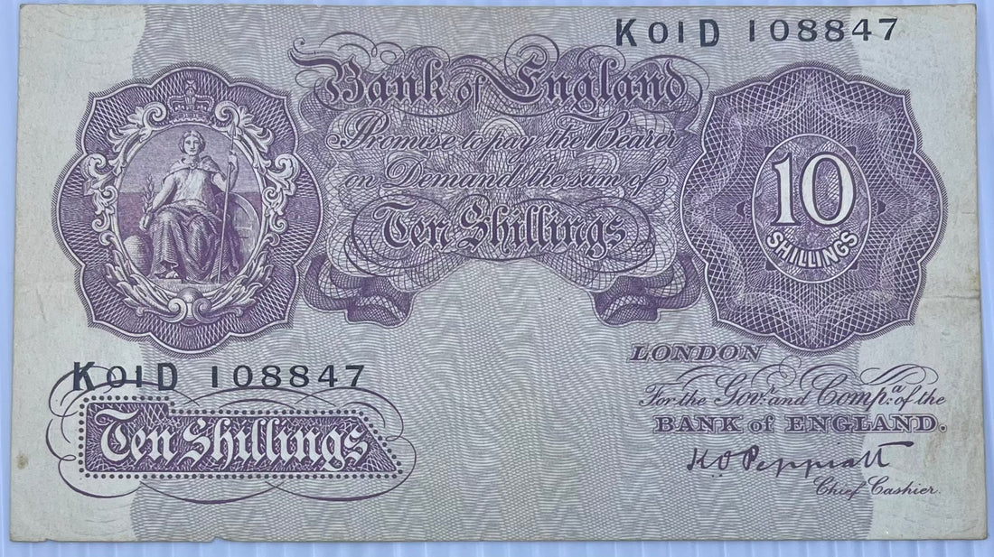 England & Northern Ireland 10 Shilling ND (1940-1962) circulated banknote featuring Britannia portrait and intricate engravings