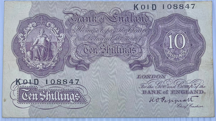 England & Northern Ireland 10 Shilling ND (1940-1962) circulated banknote featuring Britannia portrait and intricate engravings
