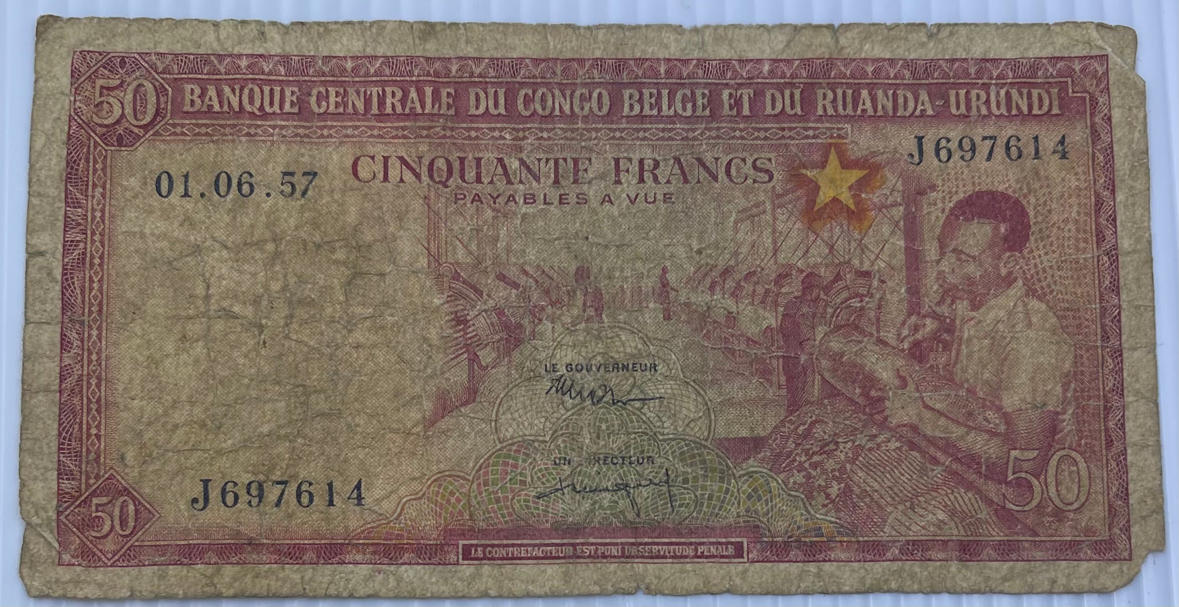 Belgian Congo 1957 50 Francs P-32 Used World Banknote