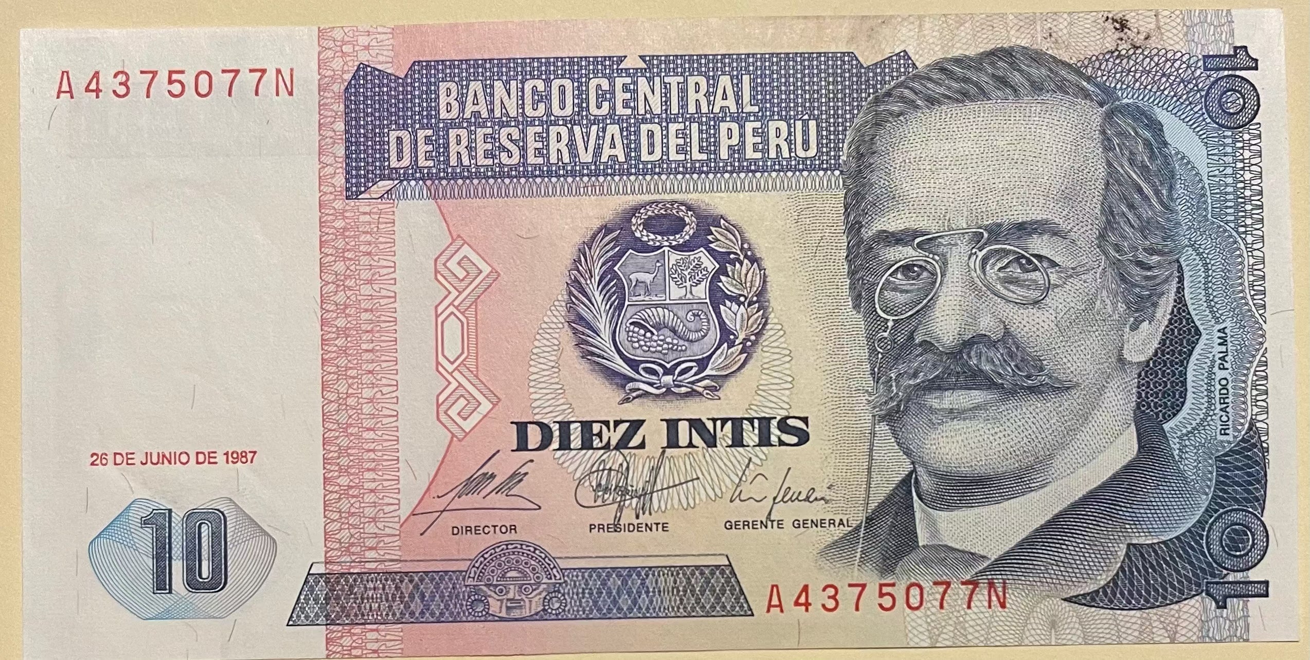 Peru 1987 10 Intis P128 banknote with cultural symbols and landmarks