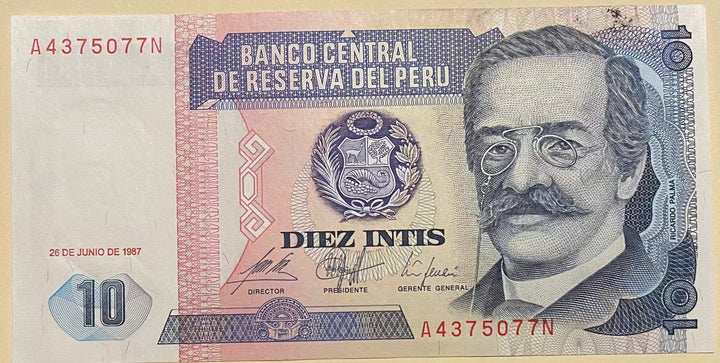 Peru 1987 10 Intis P128 banknote with cultural symbols and landmarks
