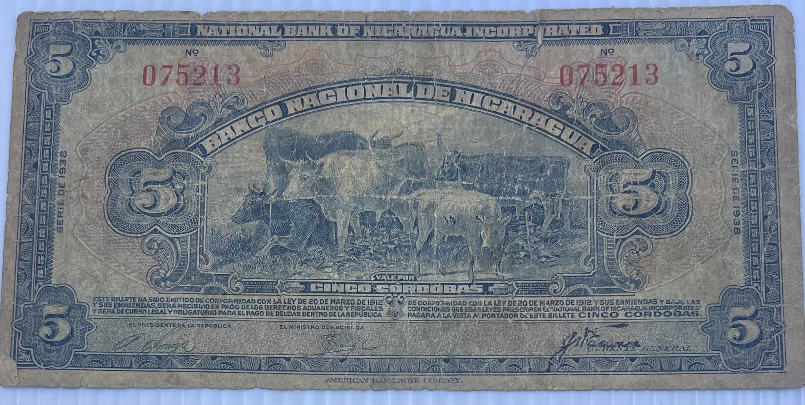 Nicaragua 1938 5 Cordobas P-93 Used World Banknote Currency