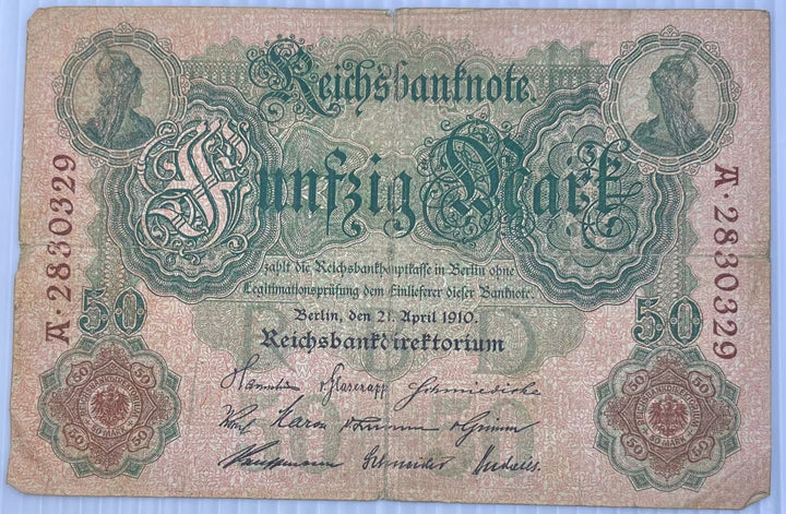 Germany 1910 50 Mark P-41 banknote with intricate designs and historical portraits