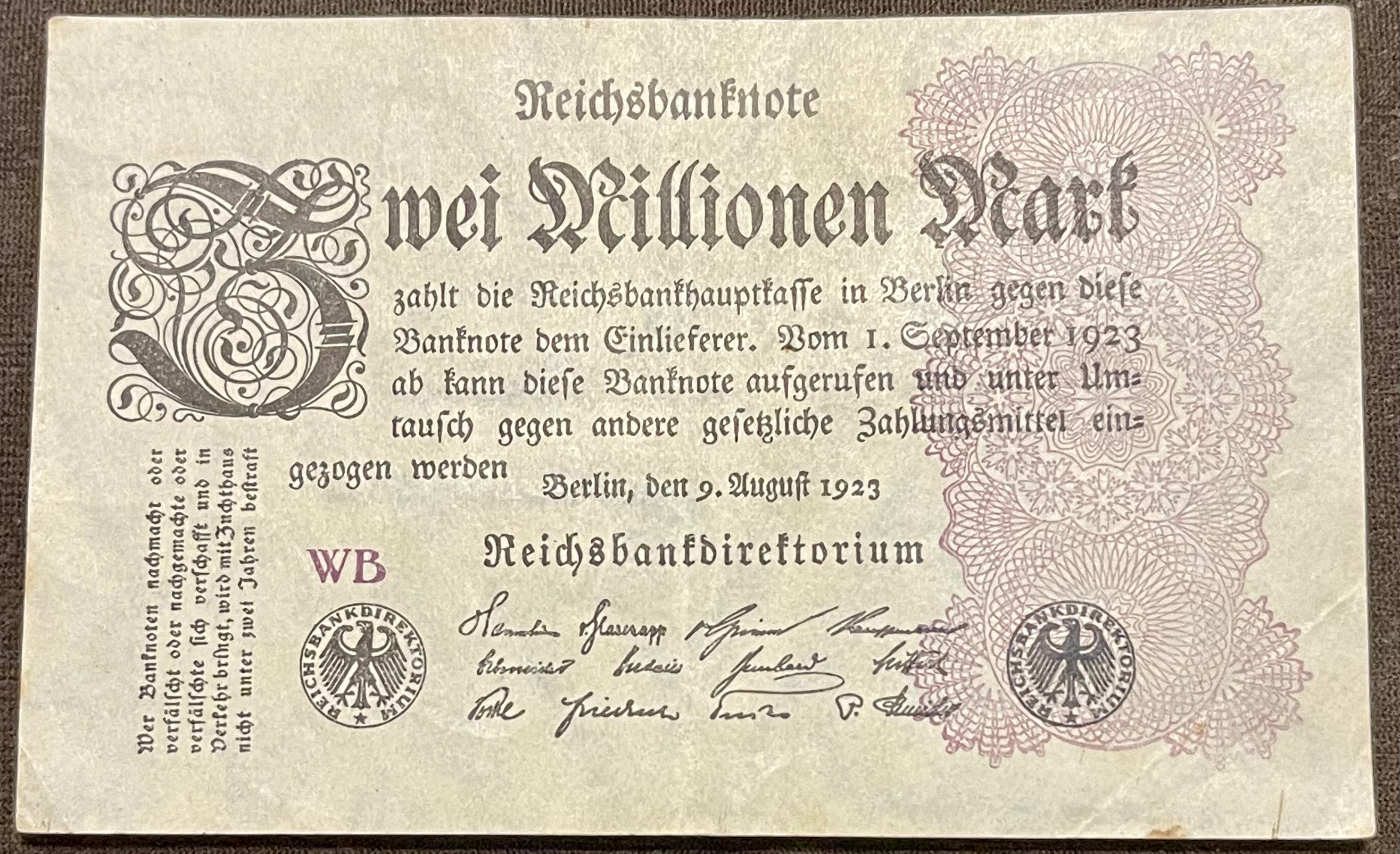 Germany 1923 2 Million Mark P-104, Used World Banknote Currency