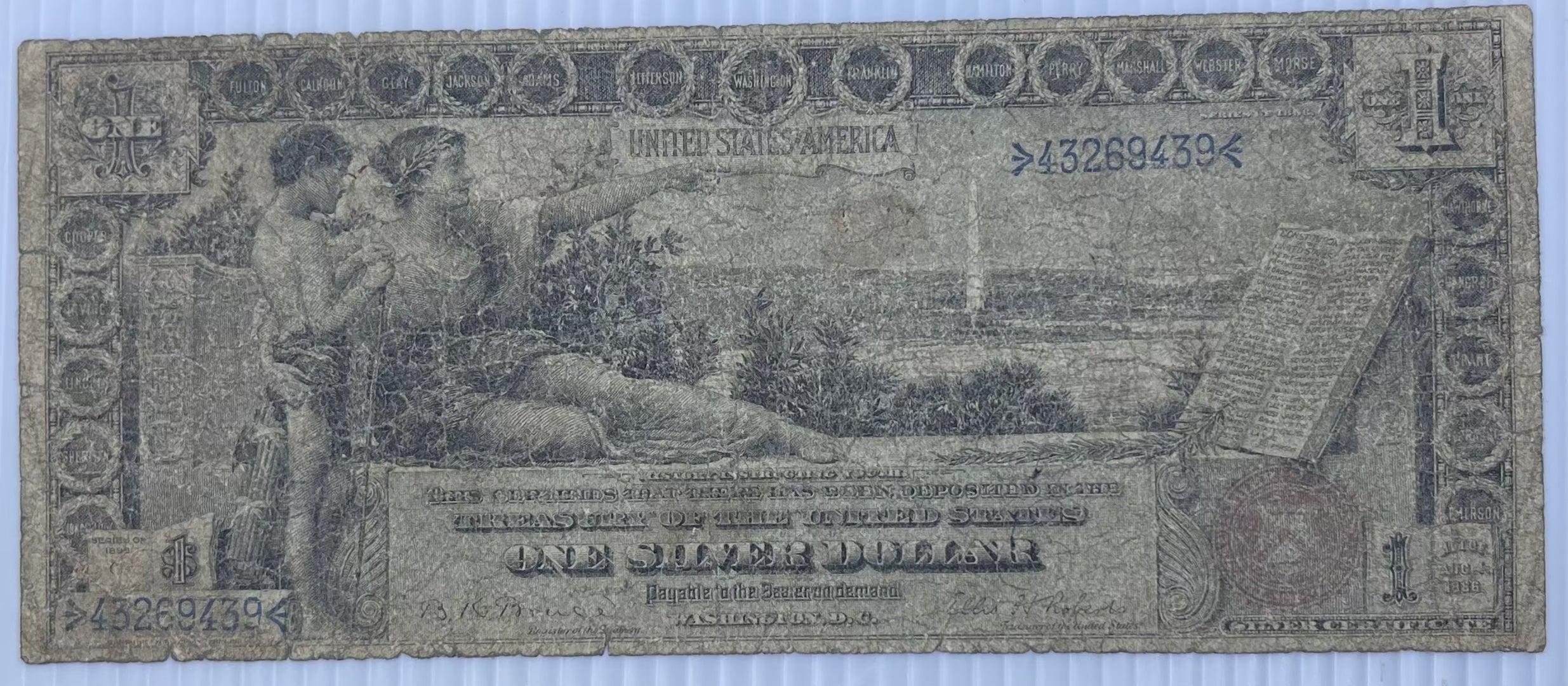 1896 Educational Note $1 Silver Certificate Red Seal UNC banknote with History Instructing Youth design and Washington portraits