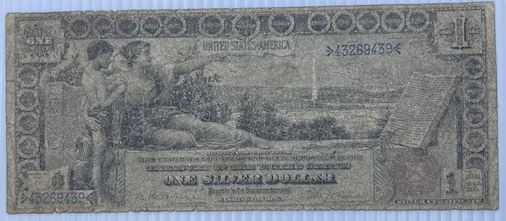 1896 Educational Note $1 Silver Certificate Red Seal UNC banknote with History Instructing Youth design and Washington portraits