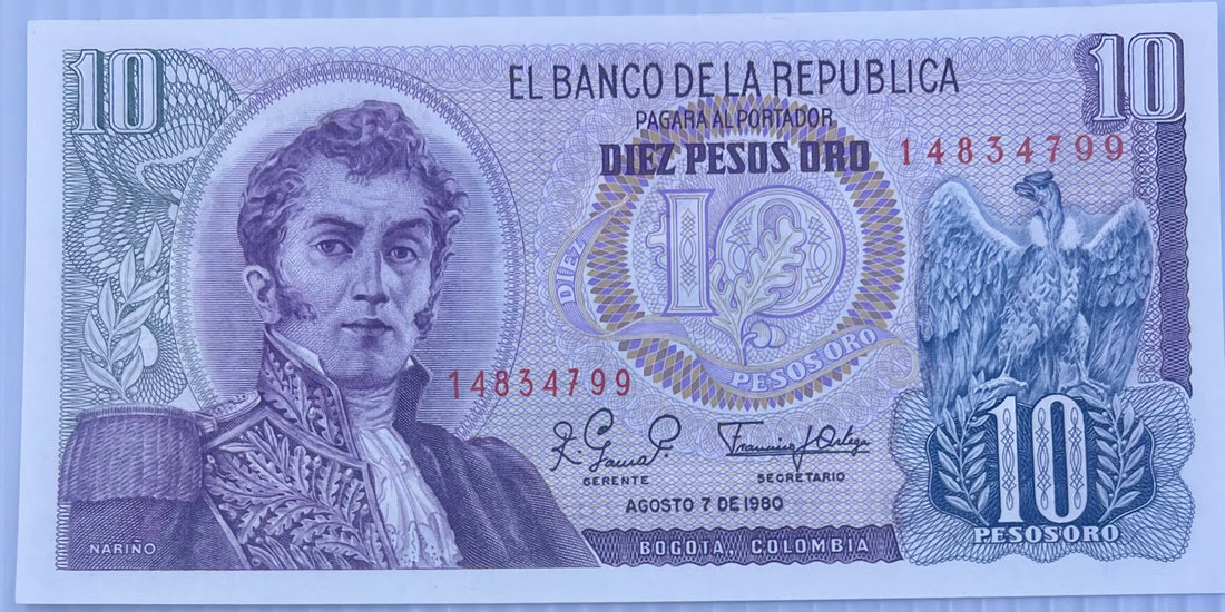 Columbia 1980 10 Pesos Oro P407 UNC World Banknote