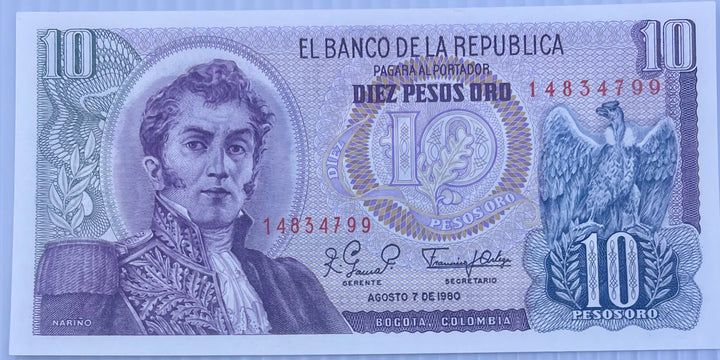 Columbia 1980 10 Pesos Oro P407 UNC World Banknote