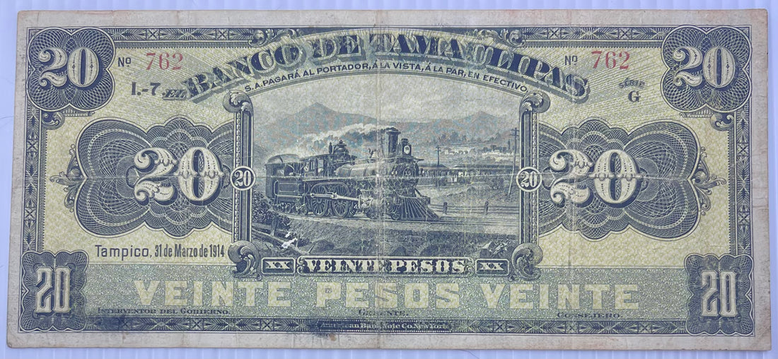 Mexico 1914 20 Pesos S-431A Used, Train 10K Made World Banknote 10K Made