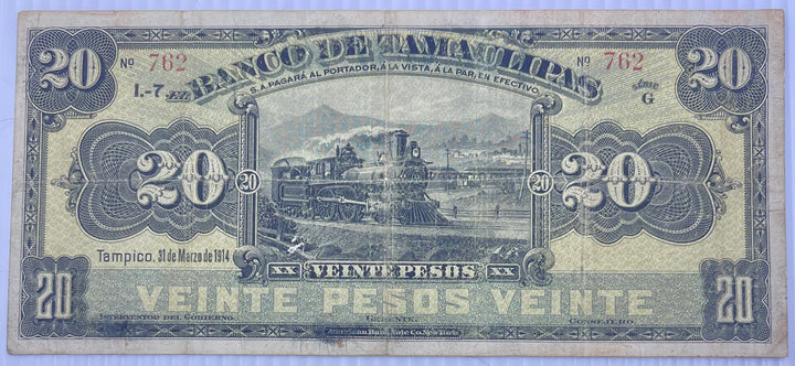 Mexico 1914 20 Pesos S-431A Used, Train 10K Made World Banknote 10K Made