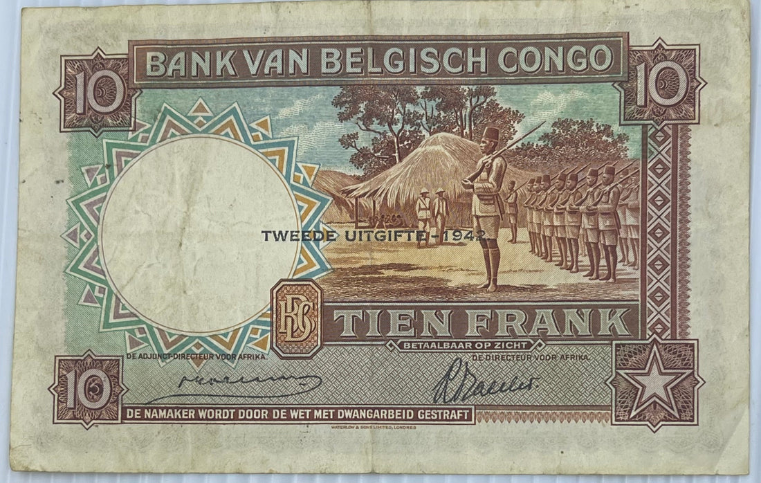 Belgian Congo 1942 10 Francs P-14 Used World Banknote