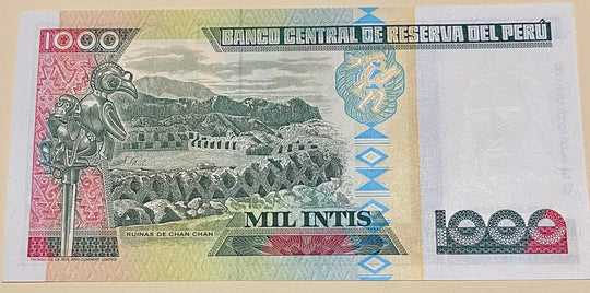 Peru 1988 1000 Intis Banknote UNC #136 with cultural design and signatures