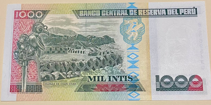 Peru 1988 1000 Intis Banknote UNC #136 with cultural design and signatures