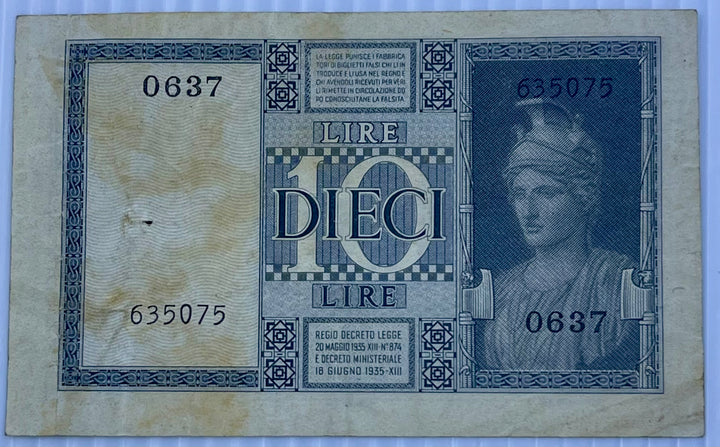 Italy 1944 10 Lire P-25 Used World Banknote