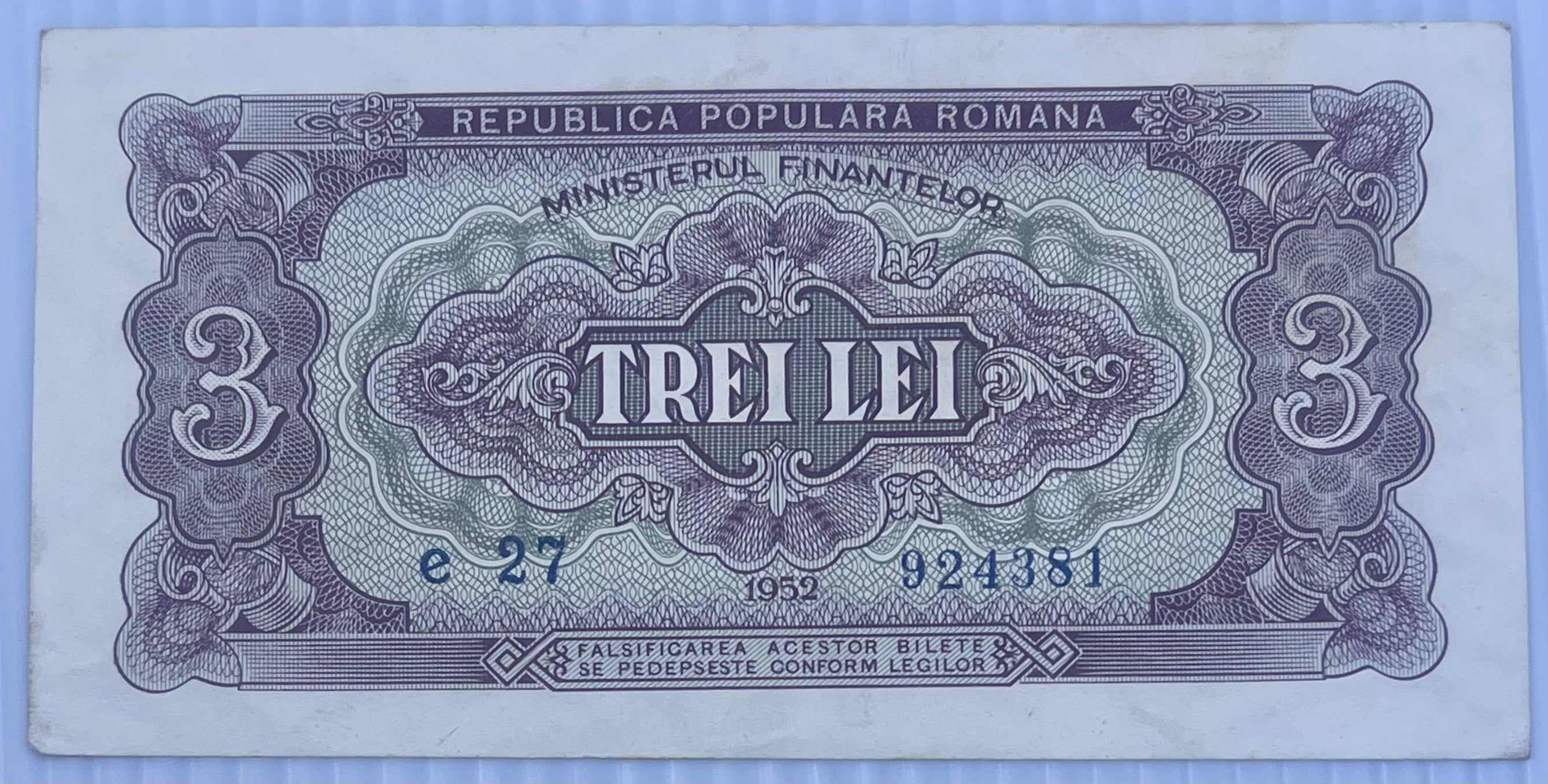 Romania 1952 3 Lei P-82b AUNC World Banknote