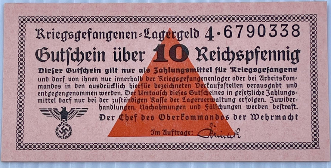 Germany 1939 10 Reichspfennig WW2 POW Camp UNC World Banknote