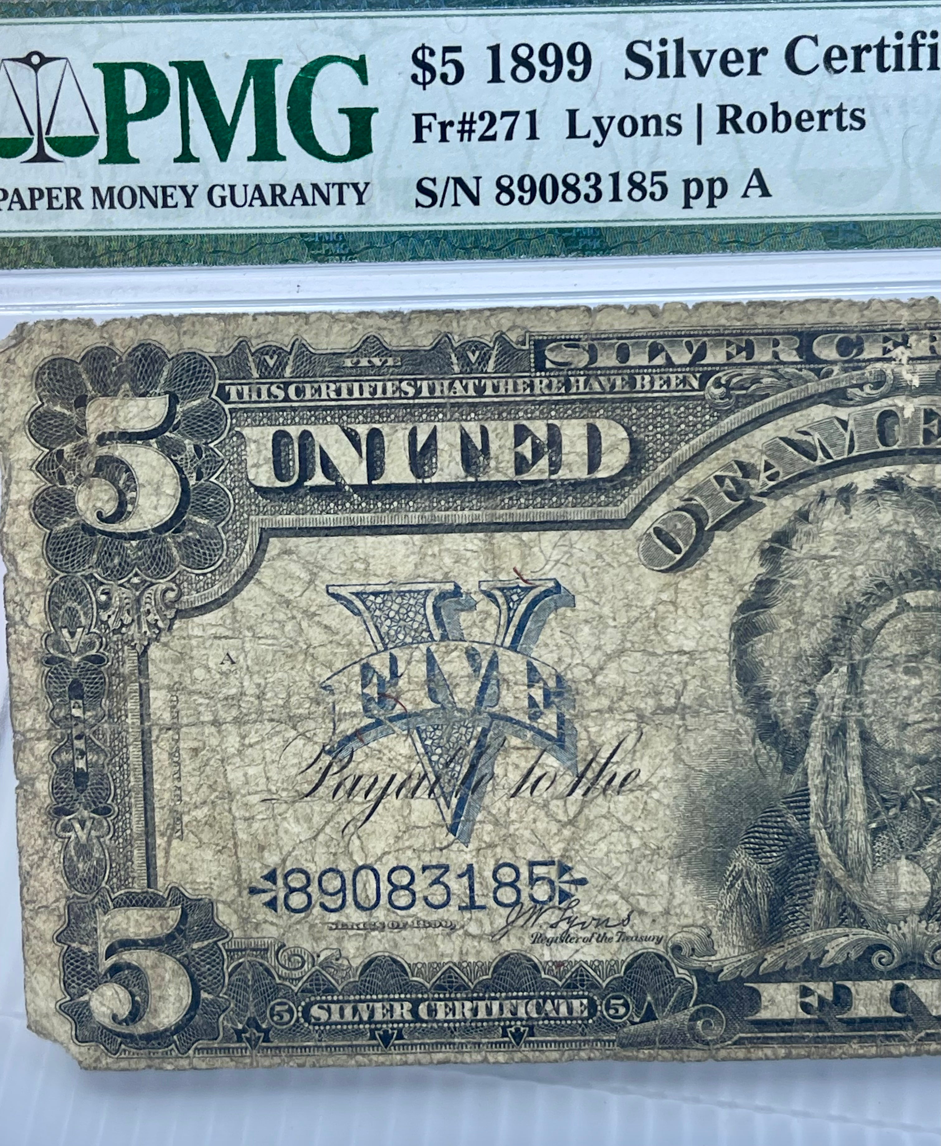 1899 $5 Silver Certificate Chief PMG 8 NET Fr271 Lyons Roberts
