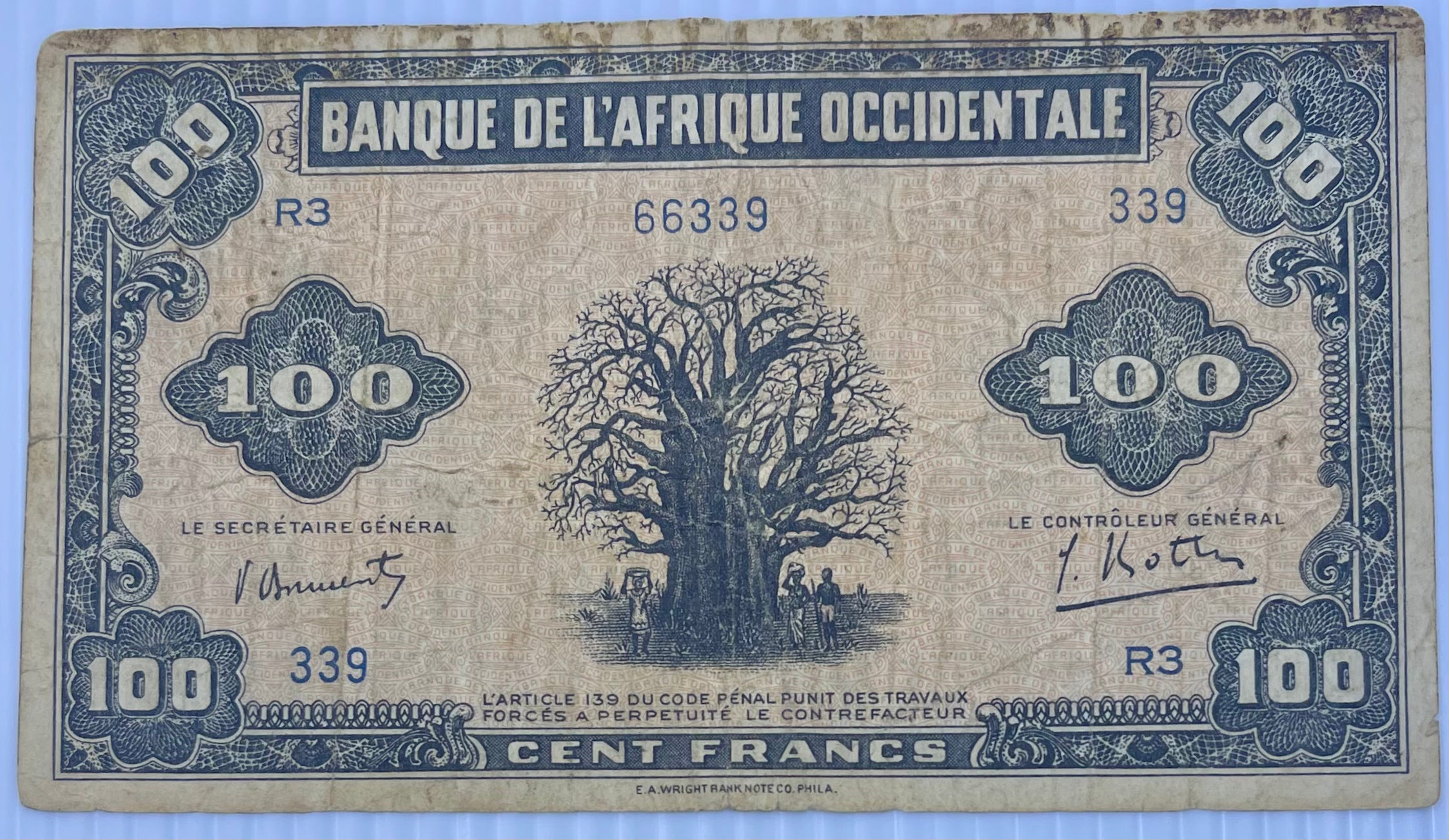 French West Africa 1942 100 Francs P-31 WW2 Used World Banknote