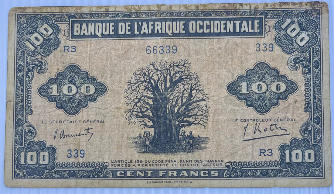 French West Africa 1942 100 Francs P-31 WW2 Used World Banknote