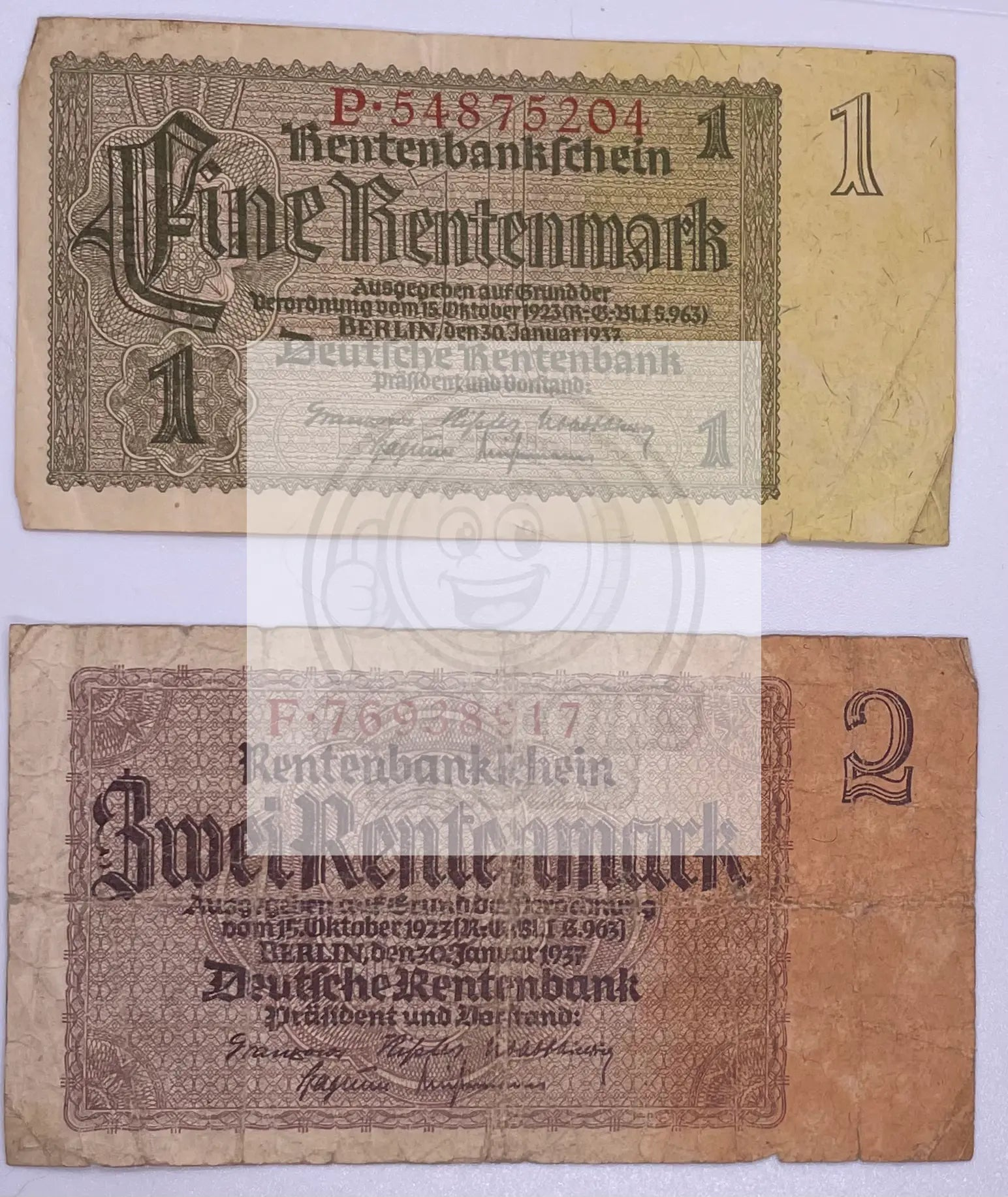 Germany 1937 1 and 2 Mark circulated banknotes P-173b.3 and 174b.3 showing historical design and wear