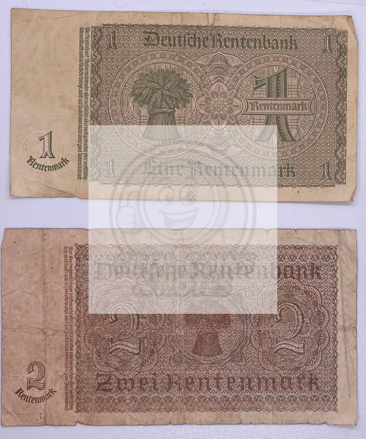 Germany 1937 1 and 2 Mark circulated banknotes showing historical German currency designs
