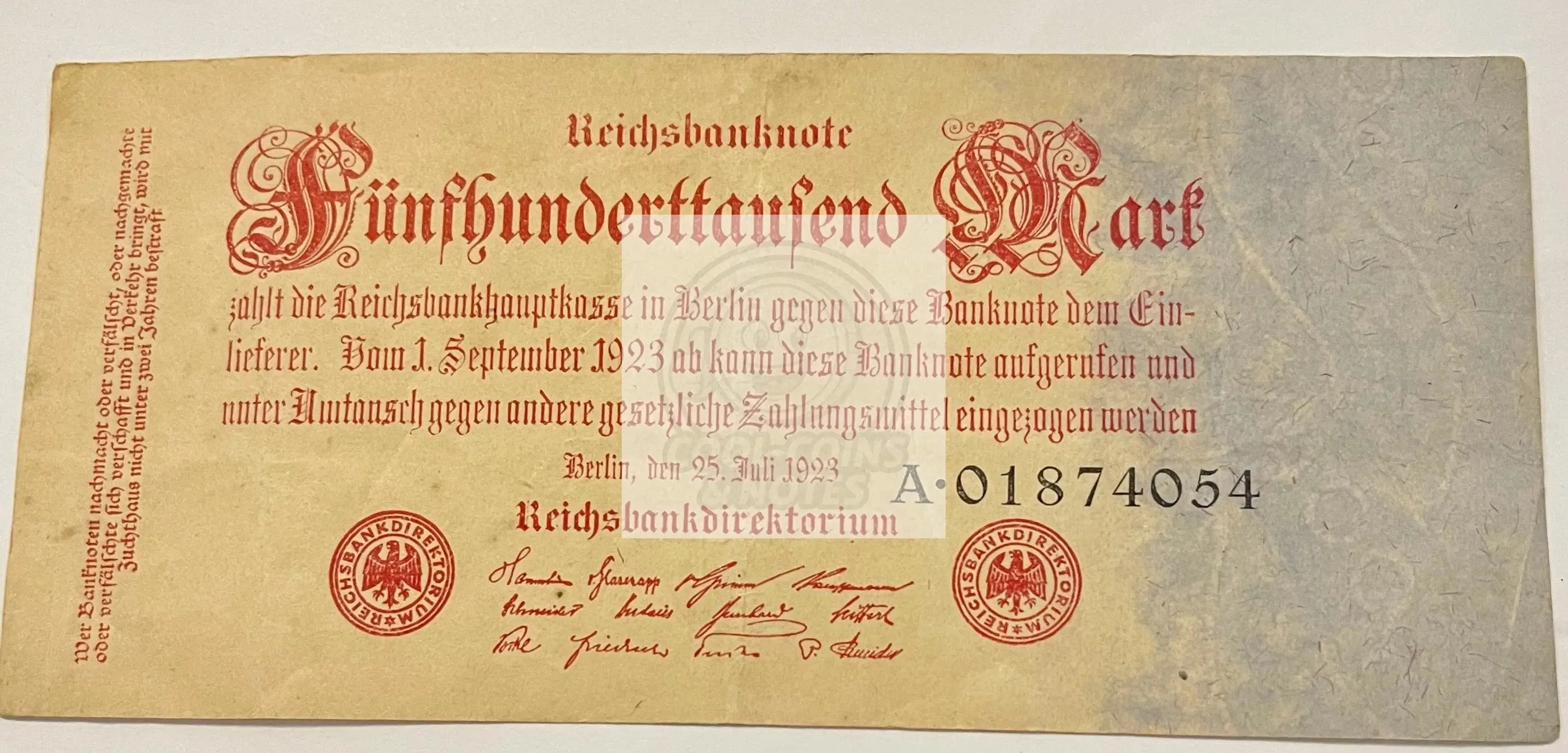 Germany 500,000 Mark 1923 banknote P#92 from Weimar Republic hyperinflation period