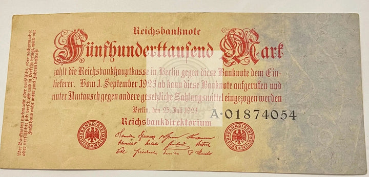 Germany 500,000 Mark 1923 banknote P#92 from Weimar Republic hyperinflation period