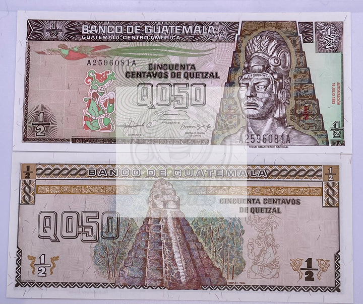 GUATEMALA 1/2 QUETZAL 0.50 P-79 1992 BIRD TIKAL TEMPLE UNC - Cool Coins & Notes