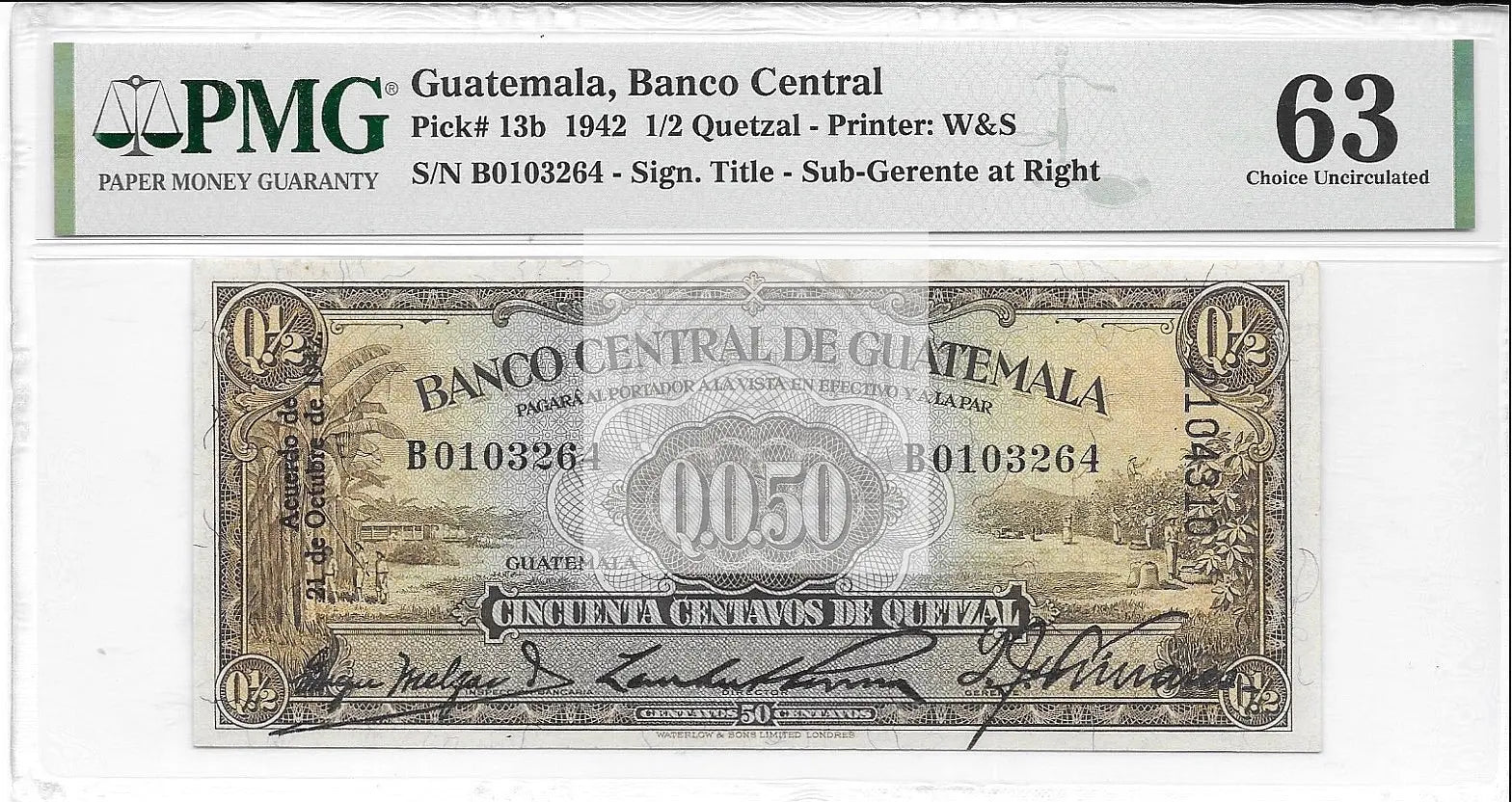 Guatemala 1/2 Quetzal 1942 Banco Central banknote PMG 63 UNC collectible currency