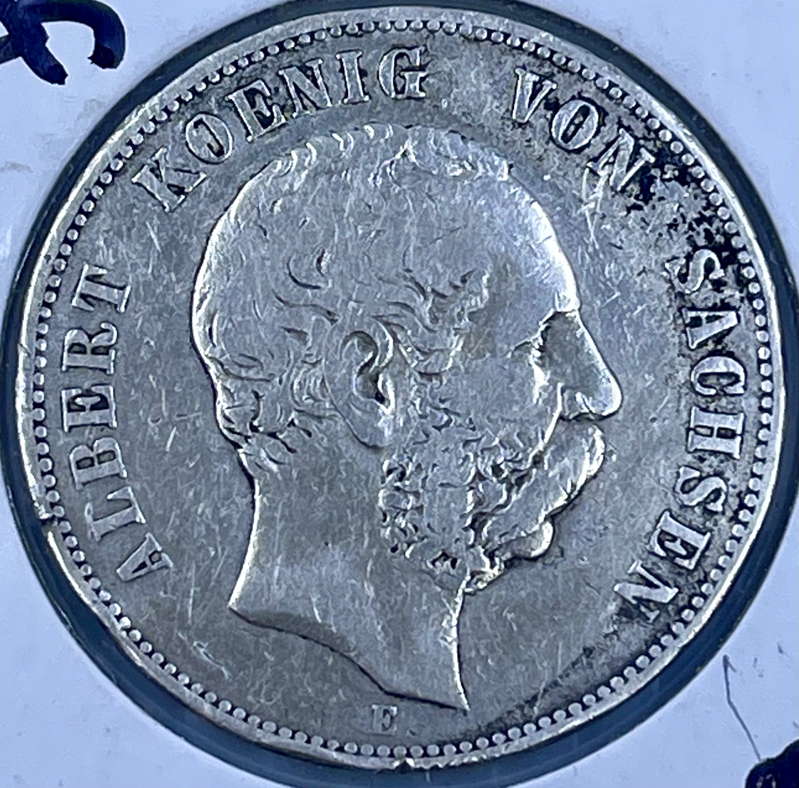 Germany 1876 E 5 Mark Saxony Silver Coin KM1238 - Cool Coins & Notes