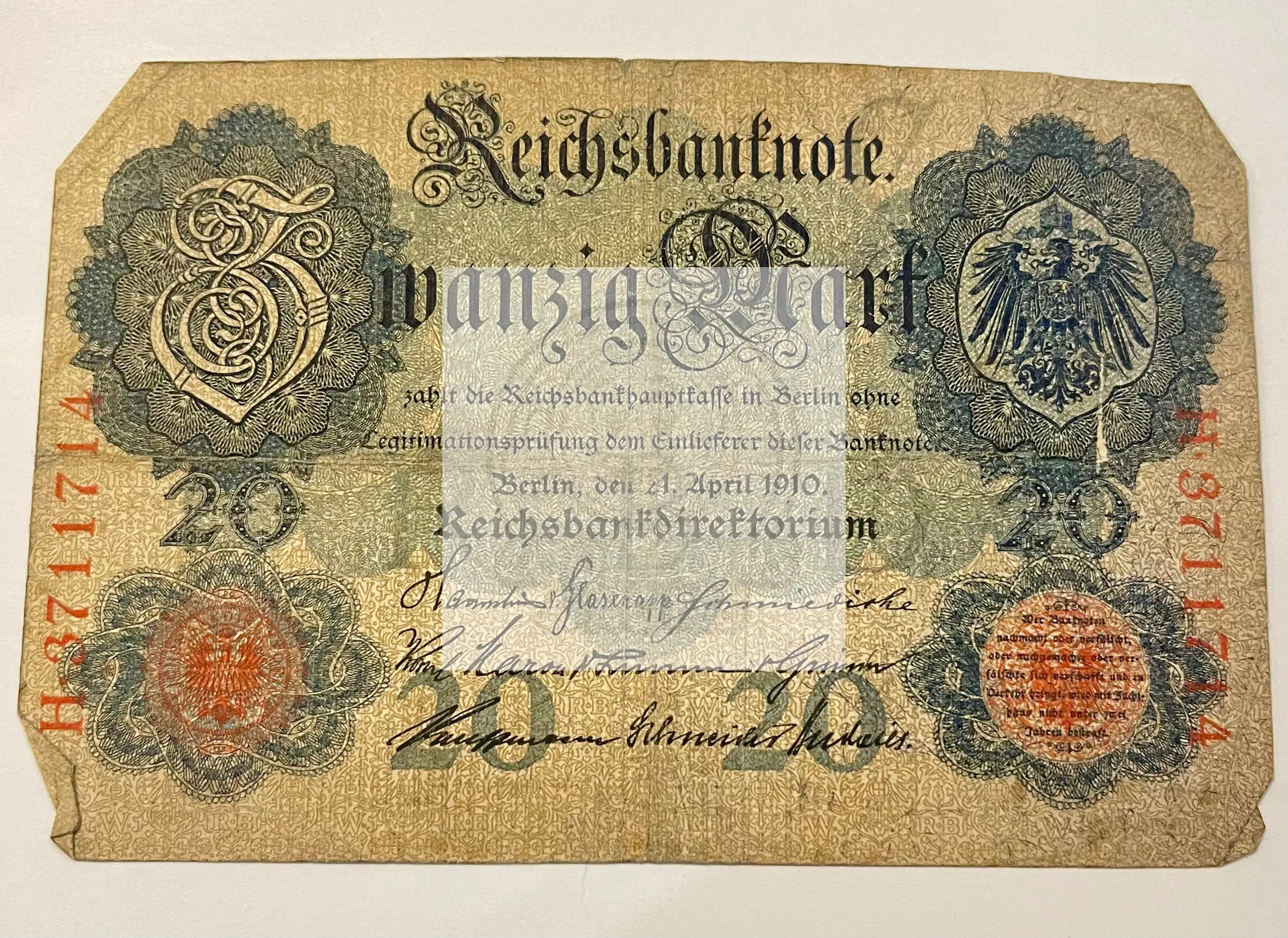 Germany 1910 20 Mark P40a banknote with detailed engravings and historical designs
