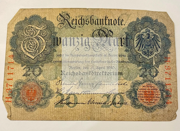 Germany 1910 20 Mark P40a banknote with detailed engravings and historical designs
