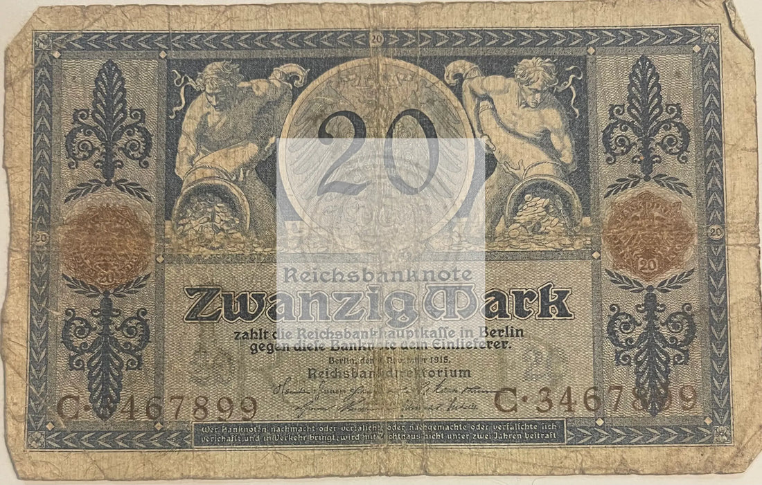 Germany 1915 20 Mark P-63e Used World Banknote Currency - Cool Coins & Notes