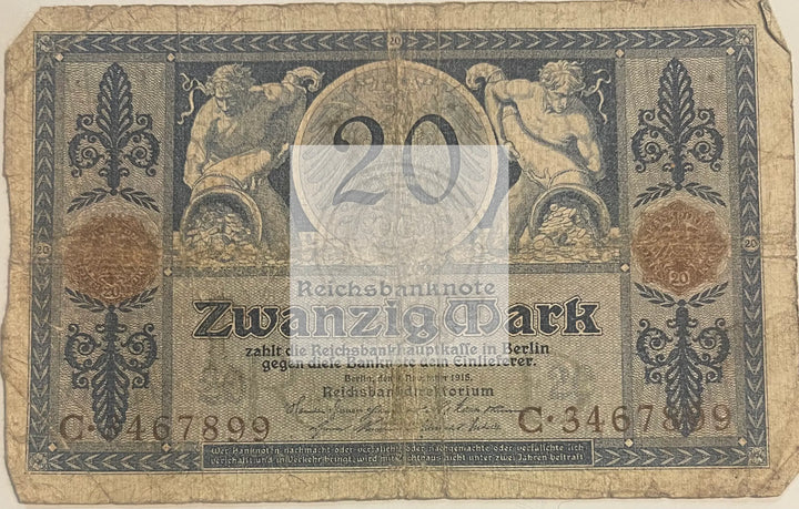Germany 1915 20 Mark P-63e Used World Banknote Currency - Cool Coins & Notes