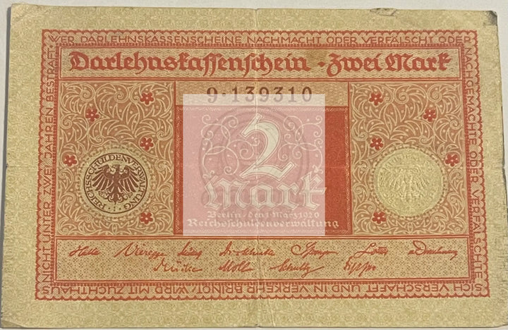 Germany 1920 2 Mark P59 Used World Banknote Currency - Cool Coins & Notes