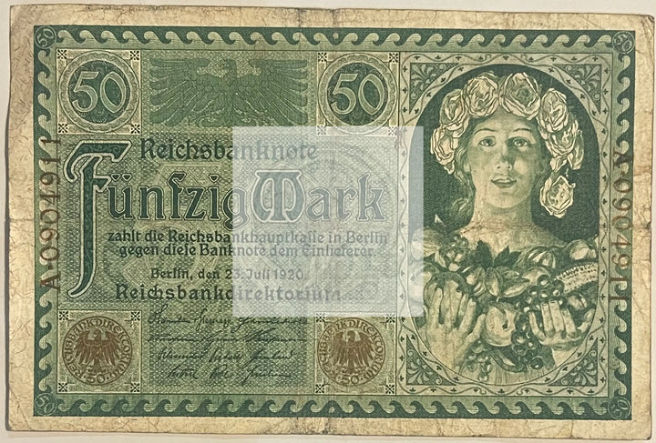 Germany 1920 50 Mark P-68, Used World Banknote Currency - Cool Coins & Notes