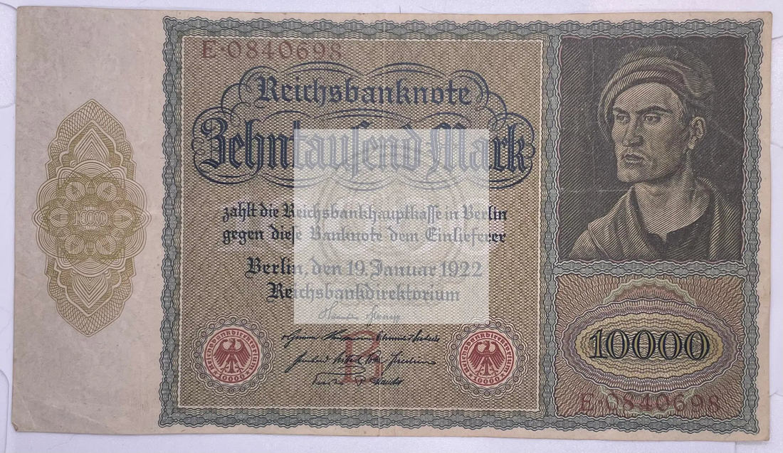 Germany 1922 10,000 Mark P68a banknote from Weimar Republic era displaying intricate design and historical significance
