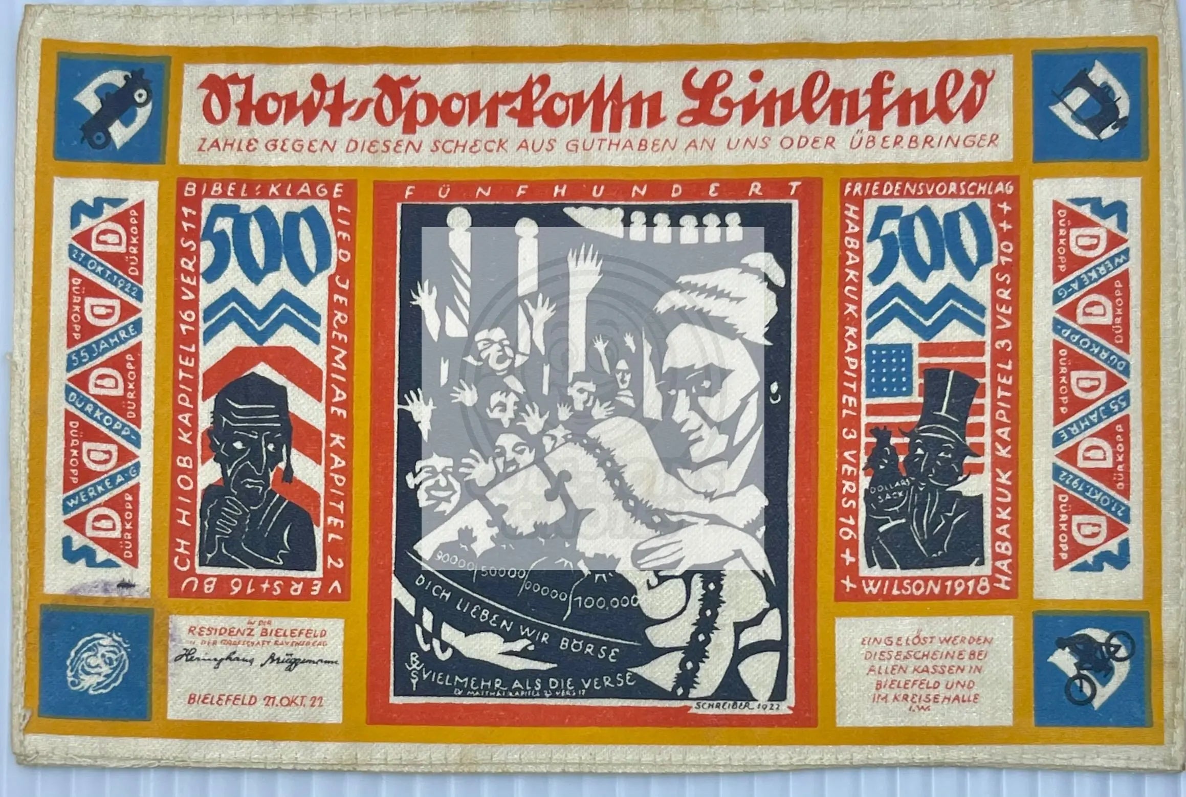 Germany 1922 500 Mark Bielefeld Silk Banknote 103.17a - Cool Coins & Notes