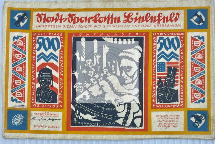 Germany 1922 500 Mark Bielefeld Silk Banknote 103.17a - Cool Coins & Notes
