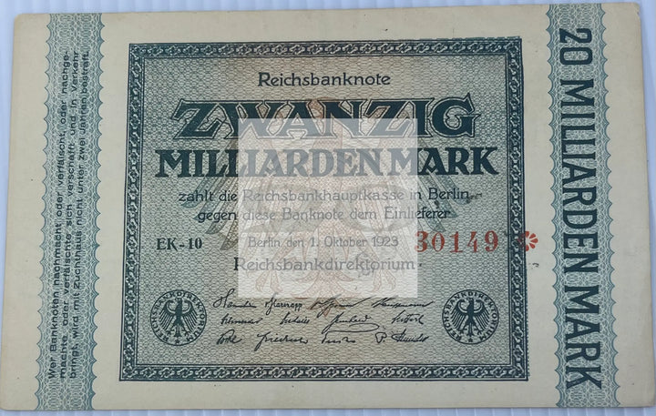 Germany 1923 20 Billion Mark P118 AU, World Banknote Currency - Cool Coins & Notes