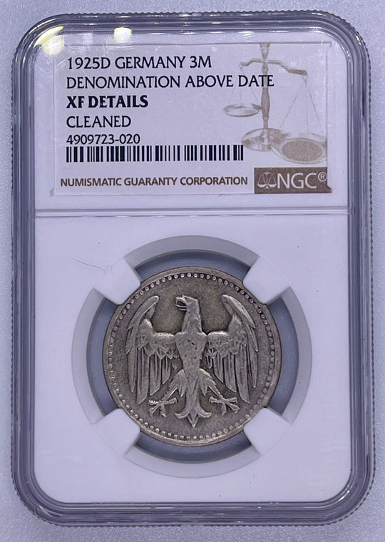 Germany- 1925-D 3 Mark- XF Details Cleaned NGC