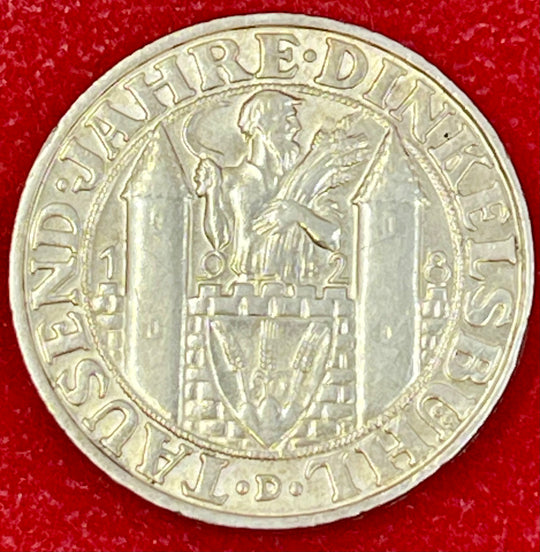 Germany 1928 D 3 Rechsmark 1000th Anniversary Founding of Dinkelsbuhl KM 59 UNC Silver Coin
